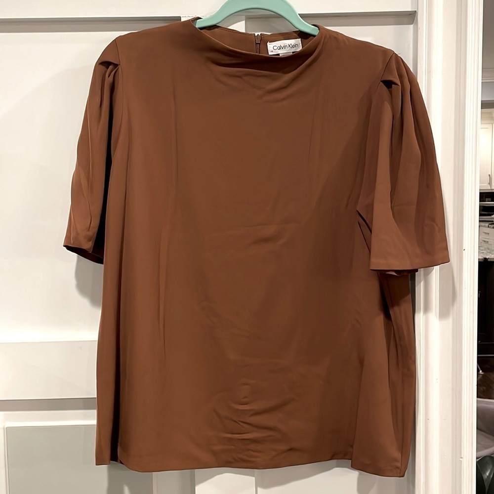 Calvin Klein Solid Crepe De Chine Mock Neck Short Puffed Elbow Sleeve Blouse - Picture 4 of 12